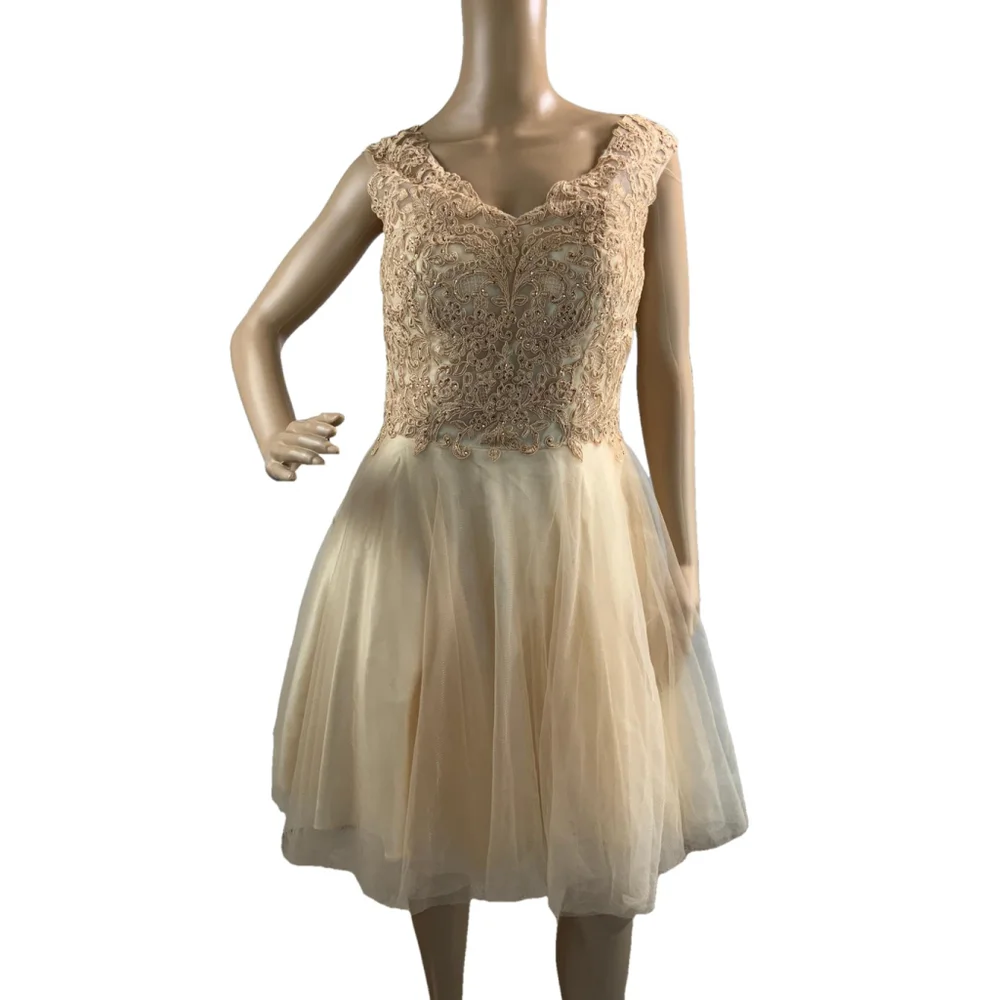 Ed Young Woman's Dress Bodice Size L Beige Gold Beading Detail Babydoll Girlhood